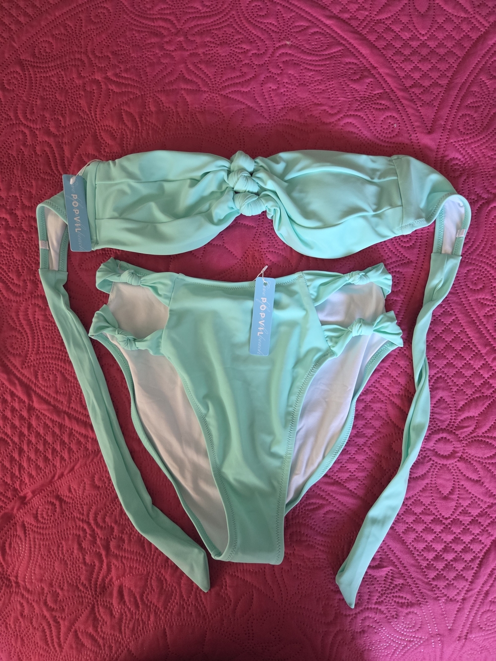 POP VILA Mint Bandeau Bikini Set with Knot Detail